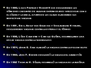 En 1880, Louis Pasteur y Robert Koch descubrieron los gérmenes causantes de algunas enfermedades infecciosas como el cólera y la rabia, a partir de los cuales elaboraron sus respectivas vacunas En 1891, Emil Adolf von Gelming y Shibasaburo Kitasato, descubrieron vacunas contra la difteria y el tétanos En 1906, Léon Calmetre y Camille Guérin, desarrollaron una eficaz vacuna contra la tuberculosis En 1954, Jonas E. Salk elaboró la vacuna contra la poliomielitis En 1960, John F. Enders descubrió la vacuna del sarampión En 1962 Thomas H. Séller, desarrolló la vacuna de la rubéola 