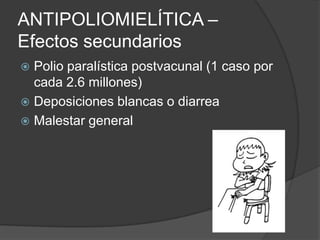 ANTIPOLIOMIELÍTICA –
Efectos secundarios
 Polio paralística postvacunal (1 caso por
  cada 2.6 millones)
 Deposiciones blancas o diarrea
 Malestar general
 