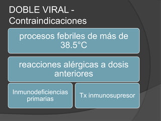 DOBLE VIRAL -
Contraindicaciones
  procesos febriles de más de
            38.5°C

  reacciones alérgicas a dosis
          anteriores

Inmunodeficiencias
                     Tx inmunosupresor
    primarias
 
