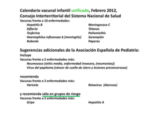 Calendario vacunal infantil unificado, Febrero 2012,
Consejo Interterritorial del Sistema Nacional de Salud
     j
Vacunas...