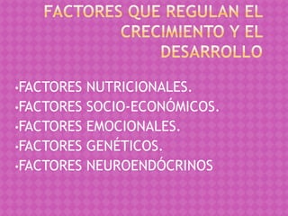 •FACTORES   NUTRICIONALES.
•FACTORES   SOCIO-ECONÓMICOS.
•FACTORES   EMOCIONALES.
•FACTORES   GENÉTICOS.
•FACTORES   NEUROENDÓCRINOS
 