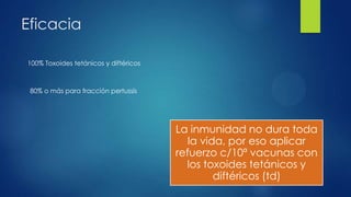 Eficacia
100% Toxoides tetánicos y diftéricos
80% o más para fracción pertussis
La inmunidad no dura toda
la vida, por eso aplicar
refuerzo c/10ª vacunas con
los toxoides tetánicos y
diftéricos (td)
 