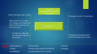 Prevenir 13
Vacuna
antineumoccócica
conjugada
Protege contra 13 serotipos
Protege principalmente
niños menores de 2 años
Niños menores de 2 años
Niños entre 2 y 5 años
con riesgo de presentar
infecciones graves por
Neumococo
Puede ser utilizada
en personas de 50 o
más años
RAM: Somnolencia
Pérdida del apetito temporal
Enrojecimiento en la zona
Inflamación
Irritabilidad
Fatiga
Cefalea
Artralgia
 