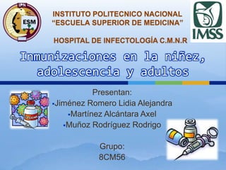 Inmunizaciones en la niñez,
adolescencia y adultos
Presentan:
Jiménez Romero Lidia Alejandra
Martínez Alcántara Axel
Mu...