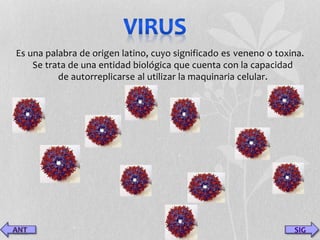 Es una palabra de origen latino, cuyo significado es veneno o toxina. 
Se trata de una entidad biológica que cuenta con la capacidad 
de autorreplicarse al utilizar la maquinaria celular. 
SIG 
 