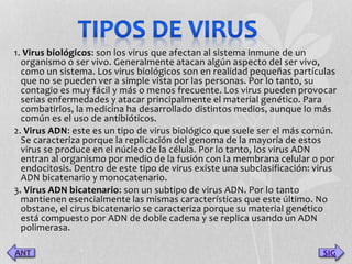 1. Virus biológicos: son los virus que afectan al sistema inmune de un 
organismo o ser vivo. Generalmente atacan algún aspecto del ser vivo, 
como un sistema. Los virus biológicos son en realidad pequeñas partículas 
que no se pueden ver a simple vista por las personas. Por lo tanto, su 
contagio es muy fácil y más o menos frecuente. Los virus pueden provocar 
serias enfermedades y atacar principalmente el material genético. Para 
combatirlos, la medicina ha desarrollado distintos medios, aunque lo más 
común es el uso de antibióticos. 
2. Virus ADN: este es un tipo de virus biológico que suele ser el más común. 
Se caracteriza porque la replicación del genoma de la mayoría de estos 
virus se produce en el núcleo de la célula. Por lo tanto, los virus ADN 
entran al organismo por medio de la fusión con la membrana celular o por 
endocitosis. Dentro de este tipo de virus existe una subclasificación: virus 
ADN bicatenario y monocatenario. 
3. Virus ADN bicatenario: son un subtipo de virus ADN. Por lo tanto 
mantienen esencialmente las mismas características que este último. No 
obstane, el cirus bicatenario se caracteriza porque su material genético 
está compuesto por ADN de doble cadena y se replica usando un ADN 
polimerasa. 
SIG 
 