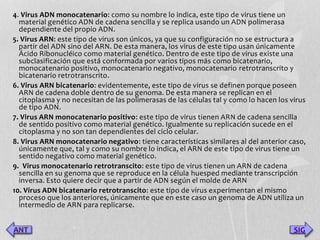 4. Virus ADN monocatenario: como su nombre lo indica, este tipo de virus tiene un 
material genético ADN de cadena sencilla y se replica usando un ADN polimerasa 
dependiente del propio ADN. 
5. Virus ARN: este tipo de virus son únicos, ya que su configuración no se estructura a 
partir del ADN sino del ARN. De esta manera, los virus de este tipo usan únicamente 
Ácido Ribonucléico como material genético. Dentro de este tipo de virus existe una 
subclasificación que está conformada por varios tipos más como bicatenario, 
monocatenario positivo, monocatenario negativo, monocatenario retrotranscrito y 
bicatenario retrotranscrito. 
6. Virus ARN bicatenario: evidentemente, este tipo de virus se definen porque poseen 
ARN de cadena doble dentro de su genoma. De esta manera se replican en el 
citoplasma y no necesitan de las polimerasas de las células tal y como lo hacen los virus 
de tipo ADN. 
7. Virus ARN monocatenario positivo: este tipo de virus tienen ARN de cadena sencilla 
de sentido positivo como material genético. Igualmente su replicación sucede en el 
citoplasma y no son tan dependientes del ciclo celular. 
8. Virus ARN monocatenario negativo: tiene características similares al del anterior caso, 
únicamente que, tal y como su nombre lo indica, el ARN de este tipo de virus tiene un 
sentido negativo como material genético. 
9. Virus monocatenario retrotranscito: este tipo de virus tienen un ARN de cadena 
sencilla en su genoma que se reproduce en la célula huesped mediante transcripción 
inversa. Esto quiere decir que a partir de ADN según el molde de ARN 
10. Virus ADN bicatenario retrotranscito: este tipo de virus experimentan el mismo 
proceso que los anteriores, únicamente que en este caso un genoma de ADN utiliza un 
intermedio de ARN para replicarse. 
SIG 
 