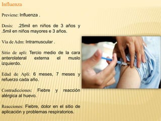 Influenza
Previene: Influenza .
Dosis: .25mil en niños de 3 años y
.5mil en niños mayores e 3 años.
Vía de Adm: Intramuscular .
Sitio de apli: Tercio medio de la cara
anterolateral externa el muslo
izquierdo.
Edad de Apli: 6 meses, 7 meses y
refuerzo cada año.
Contradicciones: Fiebre y reacción
alérgica al huevo.
Reacciones: Fiebre, dolor en el sitio de
aplicación y problemas respiratorios.
 