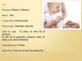 TD
Previene: Difteria y Tetanos.
Dosis: .5ml.
Vía de Adm: Intramuscular
Sitio de apli: Deltoides derecho.
Edad de Apli: 12 años, al mes de la
primera,
al año de la segunda, refuerzo cada 10
años y en cada embarazo.
Contradicciones: Fiebre.
Reacciones: Dolor en el sitio de aplicación.
 