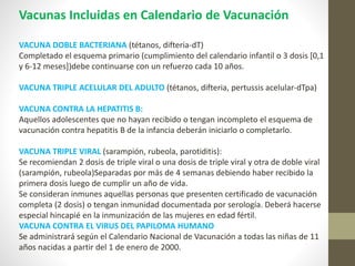 Vacunas Incluidas en Calendario de Vacunación
VACUNA DOBLE BACTERIANA (tétanos, difteria-dT)
Completado el esquema primario (cumplimiento del calendario infantil o 3 dosis [0,1
y 6-12 meses])debe continuarse con un refuerzo cada 10 años.
VACUNA TRIPLE ACELULAR DEL ADULTO (tétanos, difteria, pertussis acelular-dTpa)
VACUNA CONTRA LA HEPATITIS B:
Aquellos adolescentes que no hayan recibido o tengan incompleto el esquema de
vacunación contra hepatitis B de la infancia deberán iniciarlo o completarlo.
VACUNA TRIPLE VIRAL (sarampión, rubeola, parotiditis):
Se recomiendan 2 dosis de triple viral o una dosis de triple viral y otra de doble viral
(sarampión, rubeola)Separadas por más de 4 semanas debiendo haber recibido la
primera dosis luego de cumplir un año de vida.
Se consideran inmunes aquellas personas que presenten certificado de vacunación
completa (2 dosis) o tengan inmunidad documentada por serología. Deberá hacerse
especial hincapié en la inmunización de las mujeres en edad fértil.
VACUNA CONTRA EL VIRUS DEL PAPILOMA HUMANO
Se administrará según el Calendario Nacional de Vacunación a todas las niñas de 11
años nacidas a partir del 1 de enero de 2000.
 