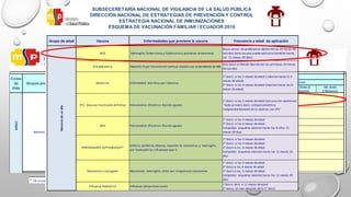1 dosis 2 dosis 3 dosis 4ta dosis (1 Refuerzo)
5a. Dosis (2
Refuerzo)
6ta dosis
3 Refuerzo
*BCG 1 0,05/0,1 ml I. D.
Dosis única R. N
dentro de las
primeras 24 horas de
nacido.)
H B 1 0.5 ml I. M.
R. N dentro de las
primeras 24 horas de
nacido.)
Rotavirus 2 1.5 ml V.O. 2m 4m
IPV 1 0.5ml I. M. 2m
bOPV 2 2 Gotas V. O. 4m 6m
Pentavalente (DPT+HB+Hib)** 3 0.5 ml I.M. 2m 4m 6m
Neumococo conjugada 3 0.5 ml I.M. 2m 4m 6m
Influenza Estac. (HN) Triv Pediátrica
( a partir de los 6 meses a 11 meses )
2 0.25 I.M. 1er Contacto
al mes de la
primera dosis
Frecuencia de administración
Número de dosis Refuerzos
NIÑEZ
Menores de un año
SUBSECRETARIA NACIONAL DE VIGILANCIA DE LA SALUD PÚBLICA
DIRECCIÓN NACIONAL DE ESTRATEGIAS DE PREVENCIÓN Y CONTROL
ESTRATEGIA NACIONAL DE INMUNIZACIONES
ESQUEMA DE VACUNACIÓN FAMILIAR / ECUADOR 2016
Ciclos
de
Vida
Grupos programáticos Tipos de Vacuna
Total
dosis
Dosis*
recomendada
Vía de
administraciòn
Difteria, Tétanos, Tosferina (DPT) 1 0.5 ml I.M.
1 año después de la tercera
dosis de Pentavalente (4ta
dosis)
bOPV 1 2 Gtts V.O.
1 año después de la tercera
dosis de antipolio (4ta
NIÑEZNIÑEZNIÑEZ
* De acuerdo al fabricante
Grupo de edad Vacuna Enfermedades que previene la vacuna Frecuencia y edad de aplicación
BCG Meningitis Tuberculosa y Tuberculosis pulmonar diseminada
Dosis única: de preferencia dentro de las 24 horas de
nacidos (esta vacuna puede aplicarse también hasta
los 11 meses 29 días)
H B pediátrica Hepatitis B por transmisión vertical (madre con antecedente de HB)
Una dosis al Recién Nacido (en las primeras 24 horas
de nacido)
Rotavirus Enfermedad diarréica por rotavirus
1° dosis: a los 2 meses de edad ( máximo hasta lo 5
meses de edad)
2° dosis: a los 4 meses de edad (máximo hasta los 8
meses de edad)
IPV (Vacuna Inactivada de Polio) Poliomielitis (Parálisis flácida aguda)
1° dosis: a los 2 meses de edad (vacunación oportuna)
"toda primera dosis antipoliomielítica
independientemente de la edad es con IPV"
OPV Poliomielitis (Parálisis flácida aguda)
2° dosis: a los 4 meses de edad
3° dosis: a los 6 meses de edad
Completar esquema máximo hasta los 4 años 11
meses 29 días
PENTAVALENTE (DPT+HB+Hib)**
Difteria, tosferina, tétanos, hepatitis B, neumonias y meningitis
por haemophilus influenzae tipo b
1° dosis: a los 2 meses de edad
2° dosis: a los 4 meses de edad
3° dosis:a los 6 meses de edad
Completar esquema máximo hasta los 11 meses 29
días
Neumococo conjugada Neumonías, meningitis, otitis por streptococo neumoniae
1° dosis: a los 2 meses de edad
2° dosis:a los 4 meses de edad
3° dosis:a los 6 meses de edad
Completar esquema máximo hasta los 11 meses 29
días
Influenza Pediátrica Influenza (Gripe Estacional)
1°dosis: de 6 a 11 meses de edad
2° dosis: un mes después de la 1° dosis
SUBSECERETARÍA NACIONAL DE VIGILANCIA DE LA SALUD PÚBLICA
DIRECCIÓN NACIONAL DE ESTRATEGIAS DE PREVENCIÓN Y CONTROL
ESTRATEGIA NACIONAL DE INMUNIZACIONES
ESQUEMA DE VACUNACIÓN FAMILIAR / ECUADOR 2016
Menoresdeunaño
NIÑEZNIÑEZNIÑEZNIÑEZ
 