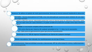 Rotavirus: Se adhiere al epitelio de tracto gastrointestinal, destruye la mucosa yeyunal impidiendo la absorción.
ROTARIX.- Vacuna monovalente (G1P1[8]), virus vivo atenuado por sucesivos pases celulares de una cepa
de origen humano.
Imita la infección natural, induciendo protección contra la diarrea grave en ulteriores infecciones, tanto
por esa cepa como por cepas distintas y un grado variable de protección cruzada contra tipos distintos
al G1.
Eficacia: La vacunación completa ofrece protección de:
•70% contra diarrea por rotavirus de cualquier gravedad en los 1-2 años tras la vacunación.
•85-100% contra la gastroenteritis grave que precisa hospitalización.
Disminuye un 42-58% de ingresos hospitalarios por diarrea de cualquier etiología.
Efectos secundarios: bien tolerada, las manifestaciones son de tipo GI leves.
Contraindicaciones: Hipersensibilidad conocida o demostrada, APP de enfermedad GI crónica, malformaciones
GI, inmunosupresión.
 