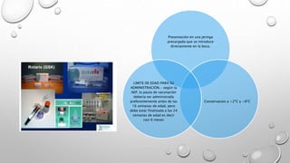 Presentación en una jeringa
precargada que se introduce
directamente en la boca.
Conservacion a +2ºC y +8ºC
LIMITE DE EDAD PARA SU
ADMINISTRACIÓN.- según la
AEP, la pauta de vacunación
debería ser administrada
preferentemente antes de las
16 semanas de edad, pero
debe estar finalizada a las 24
semanas de edad es decir
casi 6 meses
 