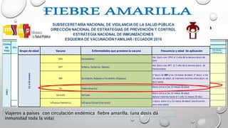 NIÑEZNIÑEZNIÑEZNIÑEZ
Viajeros a países con circulación endémica fiebre amarilla. (una dosis dá
inmunidad toda la vida)
Grupo de edad Vacuna Enfermedades que previene la vacuna Frecuencia y edad de aplicación
OPV Poliomielitis
4ta. Dosis con OPV: al 1 año de la tercera dosis de
OPV
DPT Difteria, Tosferina, Tétanos
4ta. Dosis con DPT : al 1 año de la tercera dosis de
Pentavalente
SRP Sarampión, Rubeola y Parotiditis (Paperas)
1° dosis de SRP a los 12 meses de edad. 2° dosis a los
18 meses de edad ; el intervalo minimo entre dosis es
de 6 meses
FA Fiebre Amarilla
Dosis única a los 12 meses de edad
Varicela Varicela
Dosis única a los 15 meses de edad
Aplicar máximo hasta el 1 año 11 meses 29 días
Influenza Pediátrica Influenza (Gripe Estacional)
1 dosis: entre 12 y 23 meses de edad ( dosificación
para esta edad)
SUBSECERETARÍA NACIONAL DE VIGILANCIA DE LA SALUD PÚBLICA
DIRECCIÓN NACIONAL DE ESTRATEGIAS DE PREVENCIÓN Y CONTROL
ESTRATEGIA NACIONAL DE INMUNIZACIONES
ESQUEMA DE VACUNACIÓN FAMILIAR / ECUADOR 2016
12a23meses
 