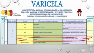 NIÑEZNIÑEZNIÑEZNIÑEZ
Grupo de edad Vacuna Enfermedades que previene la vacuna Frecuencia y edad de aplicación
OPV Poliomielitis
4ta. Dosis con OPV: al 1 año de la tercera dosis de
OPV
DPT Difteria, Tosferina, Tétanos
4ta. Dosis con DPT : al 1 año de la tercera dosis de
Pentavalente
SRP Sarampión, Rubeola y Parotiditis (Paperas)
1° dosis de SRP a los 12 meses de edad. 2° dosis a los
18 meses de edad ; el intervalo minimo entre dosis es
de 6 meses
FA Fiebre Amarilla
Dosis única a los 12 meses de edad
Varicela Varicela
Dosis única a los 15 meses de edad
Aplicar máximo hasta el 1 año 11 meses 29 días
Influenza Pediátrica Influenza (Gripe Estacional)
1 dosis: entre 12 y 23 meses de edad ( dosificación
para esta edad)
SUBSECERETARÍA NACIONAL DE VIGILANCIA DE LA SALUD PÚBLICA
DIRECCIÓN NACIONAL DE ESTRATEGIAS DE PREVENCIÓN Y CONTROL
ESTRATEGIA NACIONAL DE INMUNIZACIONES
ESQUEMA DE VACUNACIÓN FAMILIAR / ECUADOR 2016
12a23meses
 