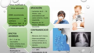 Virus inactivado ó
Virus atenuado
(OMS recomienda:
composición de
subtipos de
influenza tipo A y
un subtipo tipo B).
APLICACIÓN:
• Lactantes de 6 - 18
meses: cara
anterolateral del
vasto externo, muslo
izquierdo.
• Mayores de 18
meses: deltoides
izquierdo.
• Refuerzo anual, de
acuerdo con la
variación del virus
estacional.
EFECTOS
ADVERSOS:
• En 1/3 de los
vacunados
dolor/eritema local,
fiebre, mialgias y
astenia.
• Acentuada en
CONTRAINDICACIÓ
N:
• Menores de 6 meses.
• Hipersensibilidad
Severa al huevo o a
componentes de la
vacuna.
• Afecciones febriles
>/= 38°C
• Antecedentes de de
 