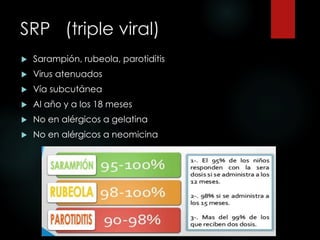 SRP (triple viral)
 Sarampión, rubeola, parotiditis
 Virus atenuados
 Vía subcutánea
 Al año y a los 18 meses
 No en alérgicos a gelatina
 No en alérgicos a neomicina
 