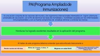 PAI(Programa Ampliadode
Inmunizaciones)
Al hablar de este programa debemos entender que está enfocado básicamente a:
Recién nacido de 0-28 días
Niños de 2 meses, 4 años, 11
años Mujeres en edad fértil
Grupos de riesgo (personal de salud,
empleados de migración, reos,
militares, etc.).
Honduras ha logrado excelentes resultados en la aplicación del programa.
Es una acción conjunta de las naciones del mundo y de organismos internacionales interesados en lograr coberturas
universales de vacunación, con el fin de disminuir las tasas de mortalidad y morbilidad causadas por las enfermedades
inmunoprevenibles y con un fuerte compromiso de erradicar, eliminar y controlar las mismas.
 