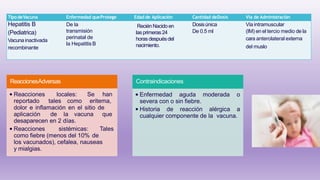 TipodeVacuna Enfermedad queProtege Edad de Aplicación Cantidad deDosis Vía de Administración
Hepatitis B
(Pediatrica)
Vacunainactivada
recombinante
De la
transmisión
perinatal de
la Hepatitis B
ReciénNacidoen
lasprimeras24
horas despuésdel
nacimiento.
Dosisúnica
De 0.5 ml
Vía intramuscular
(IM) en el tercio medio de la
cara anterolateral externa
del muslo
ReaccionesAdversas
• Reacciones locales: Se han
reportado tales como eritema,
dolor e inflamación en el sitio de
aplicación de la vacuna que
desaparecen en 2 días.
• Reacciones sistémicas: Tales
como fiebre (menos del 10% de
los vacunados), cefalea, nauseas
y mialgias.
Contraindicaciones
• Enfermedad aguda moderada o
severa con o sin fiebre.
• Historia de reacción alérgica a
cualquier componente de la vacuna.
 