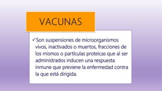 Son suspensiones de microorganismos
vivos, inactivados o muertos, fracciones de
los mismos o partículas proteicas que al ser
administrados inducen una respuesta
inmune que previene la enfermedad contra
la que está dirigida.
 