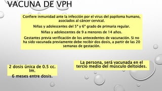 VACUNA DE VPH
Confiere inmunidad ante la infección por el virus del papiloma humano,
asociados al cáncer cervical.
Niñas y adolescentes del 5º y 6º grado de primaria regular.
Niñas y adolescentes de 9 a menores de 14 años.
Gestantes previa verificación de los antecedentes de vacunación. Si no
ha sido vacunada previamente debe recibir dos dosis, a partir de las 20
semanas de gestación.
2 dosis única de 0.5 cc.
Im.
6 meses entre dosis.
La persona, será vacunada en el
tercio medio del músculo deltoides.
 