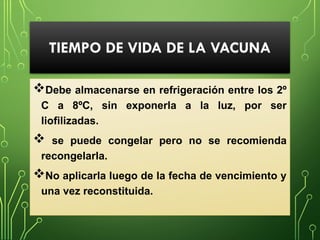 TIEMPO DE VIDA DE LA VACUNA
Debe almacenarse en refrigeración entre los 2º
C a 8ºC, sin exponerla a la luz, por ser
liofilizadas.
 se puede congelar pero no se recomienda
recongelarla.
No aplicarla luego de la fecha de vencimiento y
una vez reconstituida.
 