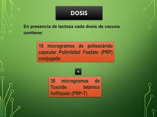 DOSIS
En presencia de lactosa cada dosis de vacuna
contiene:
10 microgramos de polisacárido
capsular Polirribitol Fosfato (PRP)
conjugado
30 microgramos de
Toxoide tetánico
liofilizado (PRP-T)
+
 