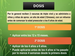 DOSIS
Por lo general reciben 2 vacunas de triple viral y se administra a
niños y niñas de aprox. un año de edad (12meses), con un refuerzo
antes de comenzar la edad preescolar a los 6 años de edad.
1º DOSIS
• Aplicar entre los 12 a 15 meses.
2º DOSIS
• Aplicar de los 4 años a 6 años.
• Puede aplicarse antes de los 4 años si ha pasado
por lo menos 4 semanas desde la primera dosis
 