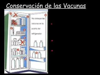 Conservación de las Vacunas Respetar la cadena de frío y controlar su temperatura mediante un termómetro colocado fuera del refrigerador. Controlar  las fechas de vencimientos. Ubicar las vacuna en un refrigerador el cual solo debe ser destinado para la conservación de vacunas .  