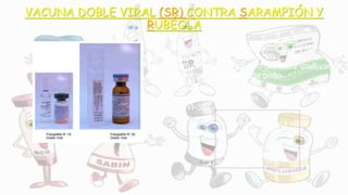 VACUNA DOBLE VIRAL (SR) CONTRA SARAMPIÓN Y
RUBÉOLA
Virus vivos atenuados de sarampión, de las cepas
Edmonston-Zagreb (cultivados en células
diploides humanas), Enders o Schwarz (cultivados
en fibroblastos de embrión de pollo.
virus vivos atenuados de rubéola, cepa Wistar RA
27/3 cultivados en células diploides humanas
MRC-5 o WI-38.
Presentación Frasco
unidosis con liofilizado y su
diluyente de 0.5 mililitros.
Frasco multidosis de 10
dosis, en liofilizado y su
diluyente de 5.0 ml.
 