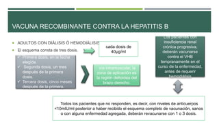 VACUNA RECOMBINANTE CONTRA LA HEPATITIS B
 ADULTOS CON DIÁLISIS Ó HEMODIÁLISIS:
 El esquema consta de tres dosis.
cada dosis de
40µg/ml
 Primera dosis, en la fecha
elegida.
 Segunda dosis, un mes
después de la primera
dosis.
 Tercera dosis, cinco meses
después de la primera.
vía intramuscular, la
zona de aplicación es
la región deltoidea del
brazo derecho.
Los pacientes con
insuficiencia renal
crónica progresiva,
deberán vacunarse
contra el VHB
tempranamente en el
curso de la enfermedad,
antes de requerir
hemodiálisis
Todos los pacientes que no responden, es decir, con niveles de anticuerpos
<10mIU/ml posterior a haber recibido el esquema completo de vacunación, sanos
o con alguna enfermedad agregada, deberán revacunarse con 1 o 3 dosis.
 