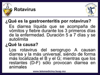 Rotavirus

¿Qué es la gastroenteritis por rotavirus?
 Es diarrea líquida que se acompaña de
 vómitos y fiebre durante los 3 primeros días
 de la enfermedad. Duración 5 a 7 días y se
 autolimita
¿Qué la causa?
 Los rotavirus del serogrupo A causan
 diarrea y la más universal, siéndo de forma
 más localizada el B y el G; mientras que los
 restantes (D-F) sólo provocan diarrea en
 animales
 