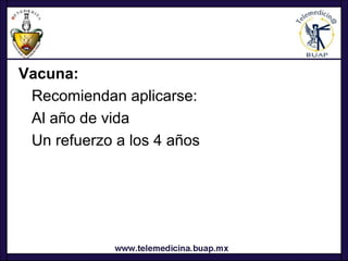 Vacuna:
 Recomiendan aplicarse:
 Al año de vida
 Un refuerzo a los 4 años
 