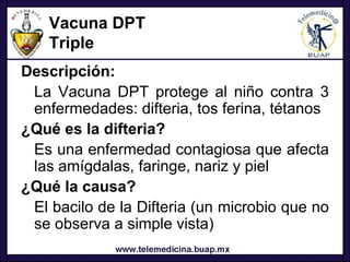 Vacuna DPT
    Triple
Descripción:
 La Vacuna DPT protege al niño contra 3
 enfermedades: difteria, tos ferina, tétanos
¿Qué es la difteria?
 Es una enfermedad contagiosa que afecta
 las amígdalas, faringe, nariz y piel
¿Qué la causa?
 El bacilo de la Difteria (un microbio que no
 se observa a simple vista)
 