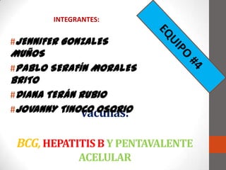 INTEGRANTES:


#JENNIFER GONZALES
MUÑOS
#PABLO SERAFÍN MORALES
BRITO
#DIANA TERÁN RUBIO
#JOVANNY TINOCO OSORIO
             vacunas:

 BCG, HEPATITIS B Y PENTAVALENTE
              ACELULAR
 
