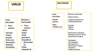VIRUS
Vivas
atenuadas
 Virus
enteros
-Varicela
-Fiebre
amarilla
-Polio oral
-Sarampión
-Rubéola
-Parotiditis
Muertas o
Inactivadas
 Virus
enteros
-Rabia
-Gripe
-Polio
parenteral
-Hepatitis A
• Subunidad
es
-Gripe
-Hepatitis B
BACTERIAS
Vivas
atenuadas
Células
enteras:
-BCG
-Tifoidea oral
Muertas o Inactivadas
Células enteras:
-Antipertusis(Tosferina)
-Tifoidea (parenteral)
Toxoides
-Difteria
-Tétanos
Polisacáridos capsulares
-Meningococo A,C,Y, W 135
-Neumococo 23-valente
Conjugadas
-Hib conjugada
-Meningococo C
-Neumococo 7-valente
Acelulares
-Tosferina acelular
 