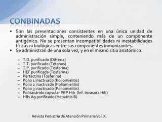 • Son las presentaciones consistentes en una única unidad de
  administración simple, conteniendo más de un componente
  antigénico. No se presentan incompatibilidades ni inestabilidades
  físicas ni biológicas entre sus componentes inmunizantes.
• Se administran de una sola vez, y en el mismo sitio anatómico.
   –   T.D. purificado (Difteria)
   –   T.T. purificado (Tétanos)
   –   T.P. purificado (Tosferina)
   –   HEF purificada (Tosferina)
   –   Pertactina (Tosferina)
   –   Polio 1 inactivado (Poliomielitis)
   –   Polio 2 inactivado (Poliomielitis)
   –   Polio 3 inactivado (Poliomielitis)
   –   Polisacárido capsular PRP Hib (Inf. Invasora Hib)
   –   HBs Ag purificado (Hepatitis B)



            Revista Pediatría de Atención Primaria Vol. X.
 