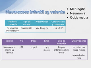 • Meningitis
                                                                      • Neumonia
                                                                      • Otitis media
     Nombre         Tipo de       Presentación      Conservación
    comercial       vacuna                          y transporte
  Neumococo       Suspensión       Vial de 0,5 ml    +2 a +8 Cº
  Prevenar 13®



  Vacuna         Vía          Dosis         Edad          Sitio de        Observaciones
                                                         aplicación
Neumococo        I.M.         0.5 ml       2y4            Región          1er refuerzo a
 infantil 13                               meses      anterolateral del    los 12 meses
  valente                                                  muslo
                                                                          Intervalo de 1
                                                                               mes
 