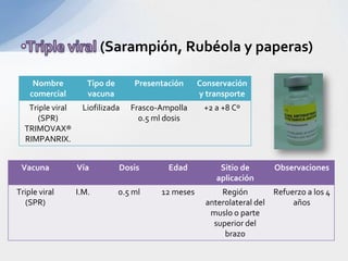 (Sarampión, Rubéola y paperas)

     Nombre          Tipo de       Presentación     Conservación
    comercial        vacuna                         y transporte
   Triple viral    Liofilizada    Frasco-Ampolla     +2 a +8 Cº
     (SPR)                          0.5 ml dosis
  TRIMOVAX®
  RIMPANRIX.


 Vacuna           Vía          Dosis       Edad          Sitio de       Observaciones
                                                        aplicación
Triple viral      I.M.         0.5 ml    12 meses         Región        Refuerzo a los 4
  (SPR)                                               anterolateral del      años
                                                       muslo o parte
                                                        superior del
                                                           brazo
 