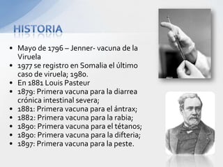 • Mayo de 1796 – Jenner- vacuna de la
  Viruela
• 1977 se registro en Somalia el último
  caso de viruela; 1980.
• En 1881 Louis Pasteur
• 1879: Primera vacuna para la diarrea
  crónica intestinal severa;
• 1881: Primera vacuna para el ántrax;
• 1882: Primera vacuna para la rabia;
• 1890: Primera vacuna para el tétanos;
• 1890: Primera vacuna para la difteria;
• 1897: Primera vacuna para la peste.
 