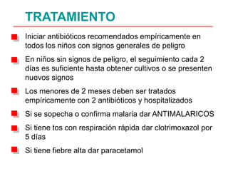 TRATAMIENTO
Iniciar antibióticos recomendados empíricamente en
todos los niños con signos generales de peligro
En niños sin signos de peligro, el seguimiento cada 2
días es suficiente hasta obtener cultivos o se presenten
nuevos signos
Los menores de 2 meses deben ser tratados
empíricamente con 2 antibióticos y hospitalizados
Si se sopecha o confirma malaria dar ANTIMALARICOS
Si tiene tos con respiración rápida dar clotrimoxazol por
5 días
Si tiene fiebre alta dar paracetamol
 