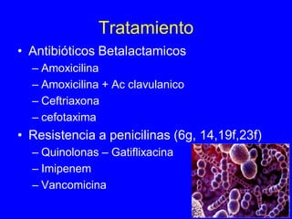 Tratamiento
• Antibióticos Betalactamicos
  – Amoxicilina
  – Amoxicilina + Ac clavulanico
  – Ceftriaxona
  – cefotaxima
• Resistencia a penicilinas (6g, 14,19f,23f)
  – Quinolonas – Gatiflixacina
  – Imipenem
  – Vancomicina
 