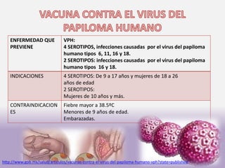 ENFERMEDAD QUE
PREVIENE
VPH:
4 SEROTIPOS, infecciones causadas por el virus del papiloma
humano tipos 6, 11, 16 y 18.
2 SEROTIPOS: infecciones causadas por el virus del papiloma
humano tipos 16 y 18.
INDICACIONES 4 SEROTIPOS: De 9 a 17 años y mujeres de 18 a 26
años de edad
2 SEROTIPOS:
Mujeres de 10 años y más.
CONTRAINDICACION
ES
Fiebre mayor a 38.5ºC
Menores de 9 años de edad.
Embarazadas.
http://www.gob.mx/salud/articulos/vacunas-contra-el-virus-del-papiloma-humano-vph?state=published
 