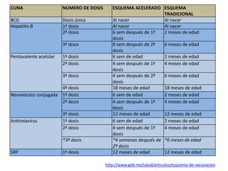CUNA NUMERO DE DOSIS ESQUEMA ACELERADO ESQUEMA
TRADICIONAL
BCG Dosis única Al nacer Al nacer
Hepatitis B 1ª dosis Al nacer Al nacer
2ª dosis 6 sem después de 1ª
dosis
2 meses de edad
3ª dosis 8 sem después de 2ª
dosis
6 meses de edad
Pentavalente acelular 1ª dosis 6 sem de edad 2 meses de edad
2ª dosis 4 sem después de 1ª
dosis
4 meses de edad
3ª dosis 4 sem después de 2ª
dosis
6 meses de edad
4ª dosis 18 meses de edad 18 meses de edad
Neumococo conjugada 1ª dosis 6 sem de edad 2 meses de edad
2ª dosis 4 sem después de 1ª
dosis
4 meses de edad
3ª dosis 12 meses de edad 12 meses de edad
Antirotavirus 1ª dosis 6 sem de edad 2 meses de edad
2ª dosis 4 sem después de 1ª
dosis
4 meses de edad
*3ª dosis *4 semanas después de
2ª dosis
*6 meses de edad
SRP 1ª dosis 12 meses de edad 12 meses de edad
http://www.gob.mx/salud/articulos/esquema-de-vacunacion
 