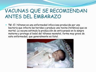 VACUNAS QUE SE RECOMIENDAN
ANTES DEL EMBARAZO
 Td :E l tétanos es una enfermedad infecciosa producida por una
  bacteria que infecta las heridas y produce una toxina (tetánica) que es
  mortal. La vacuna estimula la producción de anticuerpos en la sangre
  materna y protege al bebé del tétanos neonatal, forma muy grave de
  esta enfermedad, que generalmente es fatal.
 