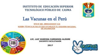 INSTITUTO DE EDUCACIÓN SUPERIOR
TECNOLÓGICO PÚBLICO DE CASMA
Las Vacunas en el Perú
LIC. LUZ VANESSA CARRANZA ALEGRE
DOCENTE FACILITADOR
2017
 
