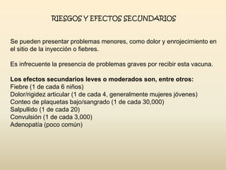 RIESGOS Y EFECTOS SECUNDARIOS

Se pueden presentar problemas menores, como dolor y enrojecimiento en
el sitio de la inyección o fiebres.
Es infrecuente la presencia de problemas graves por recibir esta vacuna.
Los efectos secundarios leves o moderados son, entre otros:
Fiebre (1 de cada 6 niños)
Dolor/rigidez articular (1 de cada 4, generalmente mujeres jóvenes)
Conteo de plaquetas bajo/sangrado (1 de cada 30,000)
Salpullido (1 de cada 20)
Convulsión (1 de cada 3,000)
Adenopatía (poco común)

 