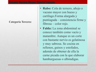 Ganado Vacuno Mayor: Cuarto Trasero
• Rabo: Cola de ternero, añojo o
vacuno mayor con hueso y
cartílago.Forma alargada y
puntiaguda – consistencia firme y
fibrosa – color rojo.
• Falda: La zona abdominal se
conoce también como vacío y
matambre. Aunque es un corte
con bastante nervio es gelatinosa
y muy sabrosa. Se cocina en
rellenos, guisos y estofados,
además de obtener de ella la
carne picada con la que elaborar
hamburguesas o albóndigas.
Categoría Tercera:
 
