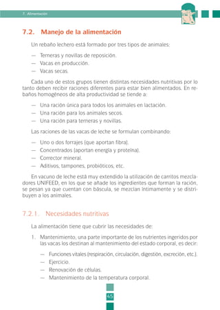 7.2. Manejo de la alimentación
Un rebaño lechero está formado por tres tipos de animales:
— Terneras y novillas de reposición.
— Vacas en producción.
— Vacas secas.
Cada uno de estos grupos tienen distintas necesidades nutritivas por lo
tanto deben recibir raciones diferentes para estar bien alimentados. En re-
baños homogéneos de alta productividad se tiende a:
— Una ración única para todos los animales en lactación.
— Una ración para los animales secos.
— Una ración para terneras y novillas.
Las raciones de las vacas de leche se formulan combinando:
— Uno o dos forrajes (que aportan fibra).
— Concentrados (aportan energía y proteína).
— Corrector mineral.
— Aditivos, tampones, probióticos, etc.
En vacuno de leche está muy extendido la utilización de carritos mezcla-
dores UNIFEED, en los que se añade los ingredientes que forman la ración,
se pesan ya que cuentan con báscula, se mezclan íntimamente y se distri-
buyen a los animales.
7.2.1. Necesidades nutritivas
La alimentación tiene que cubrir las necesidades de:
1. Mantenimiento, una parte importante de los nutrientes ingeridos por
las vacas los destinan al mantenimiento del estado corporal, es decir:
— Funciones vitales (respiración, circulación, digestión, excreción, etc.).
— Ejercicio.
— Renovación de células.
— Mantenimiento de la temperatura corporal.
45
7. Alimentación
2-INEA-MPMEVacunoLechero:Maquetación 1 22/12/07 12:32 Página 45
 
