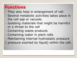 Functions
 They also help in enlargement of cell.
 Several metabolic activities takes place in
the cell sap or vacuole.
 Isolating materials that might be harmful
or a threat to the cell
 Containing waste products
 Containing water in plant cells
 Maintaining internal hydrostatic pressure
( pressure exerted by liquid) within the cell.
 